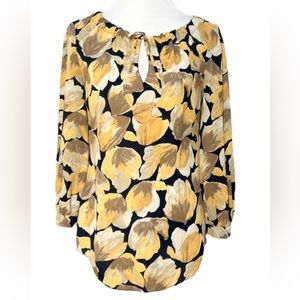 Anthropologie Meadow Rue Floral Navy Yellow Tie Neck Long Sleeve Tunic Size 8